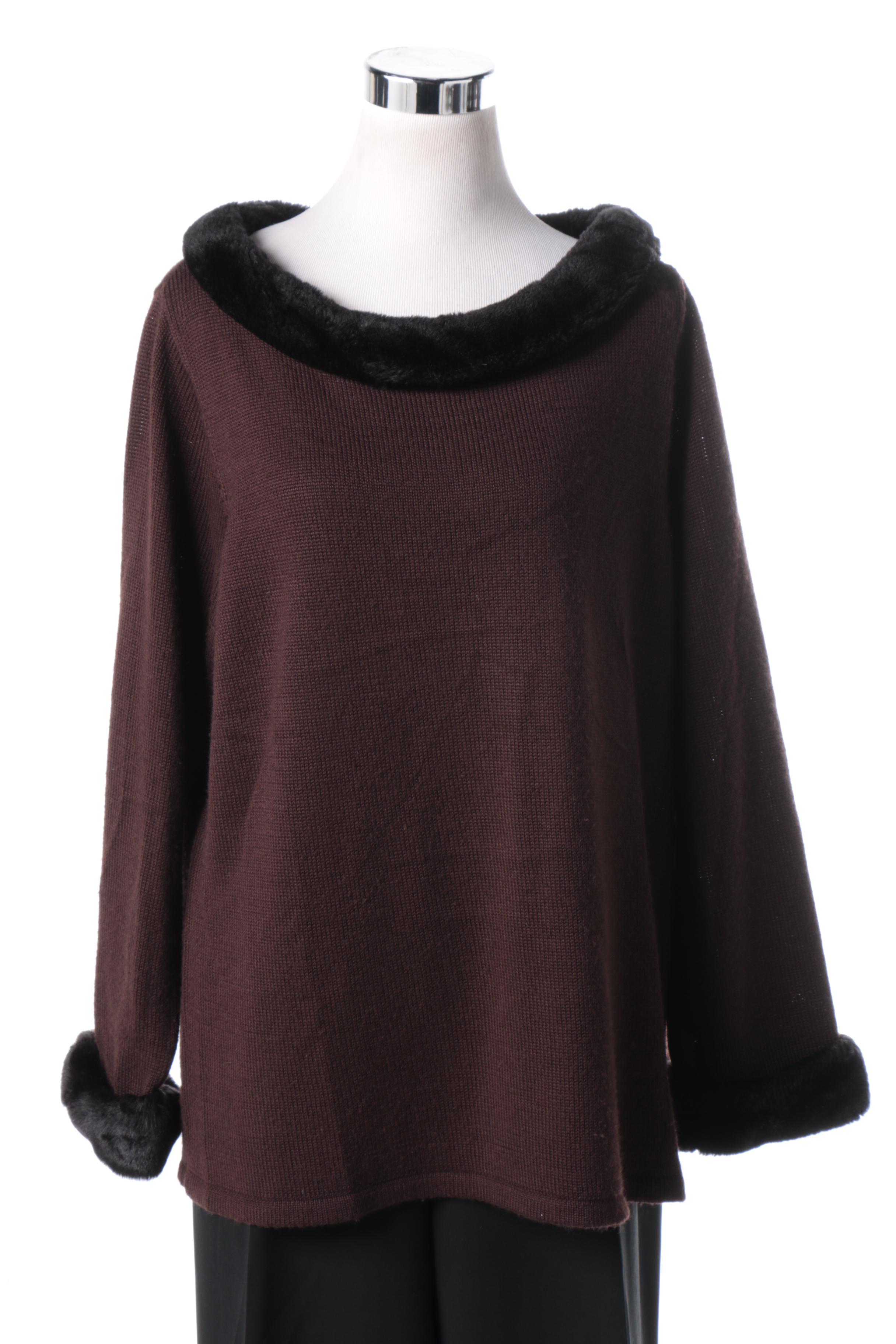 Nina Leonard Sweater With Faux Fur Collar and Jones New York Pants