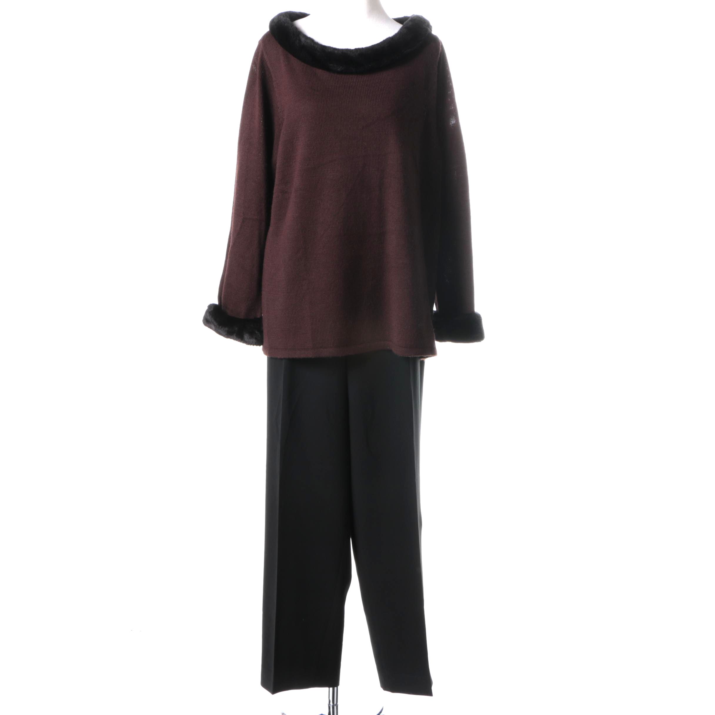 Nina Leonard Sweater With Faux Fur Collar and Jones New York Pants