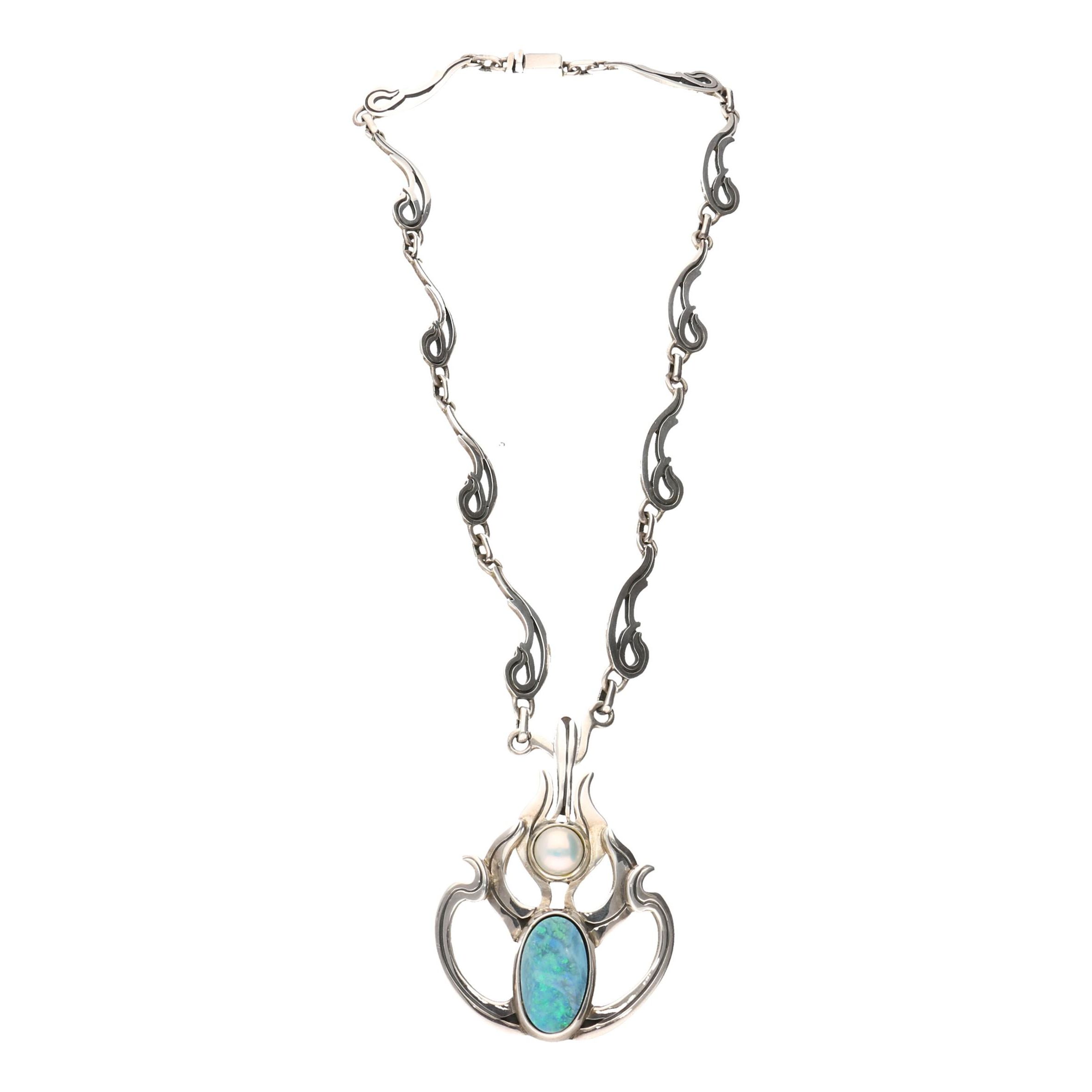 Sterling Opal and Cultured Pearl Necklace