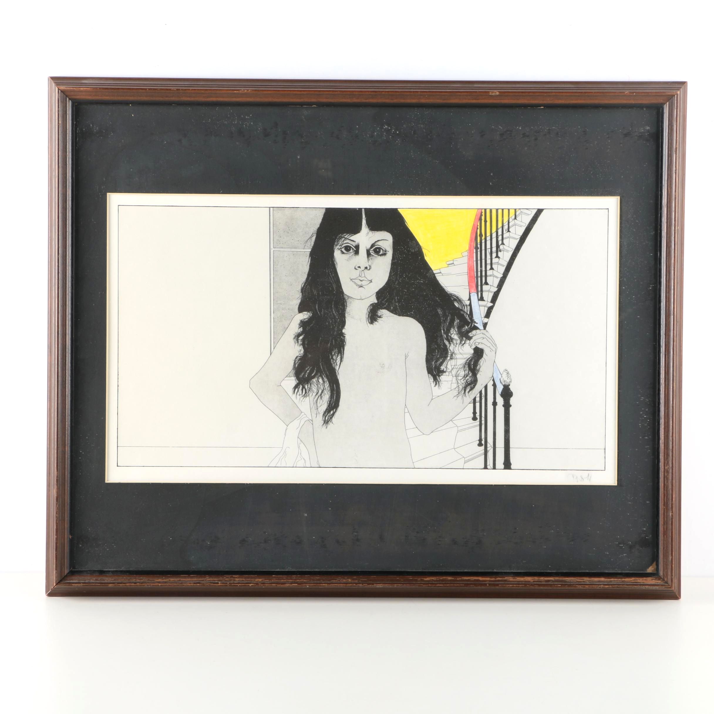 Hand-Colored Print of Female Nude Standing by a Staircase