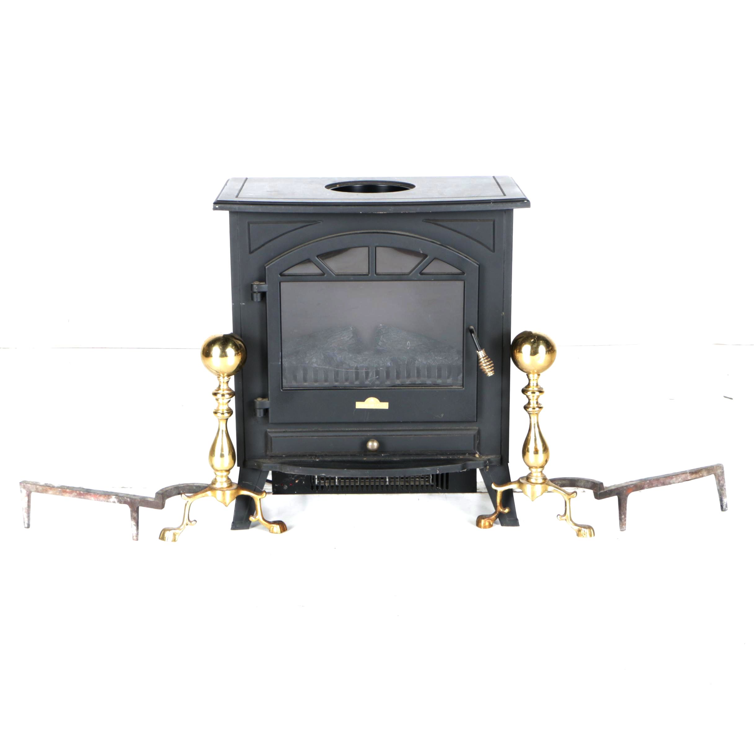 Black Wood Stove and Andirons