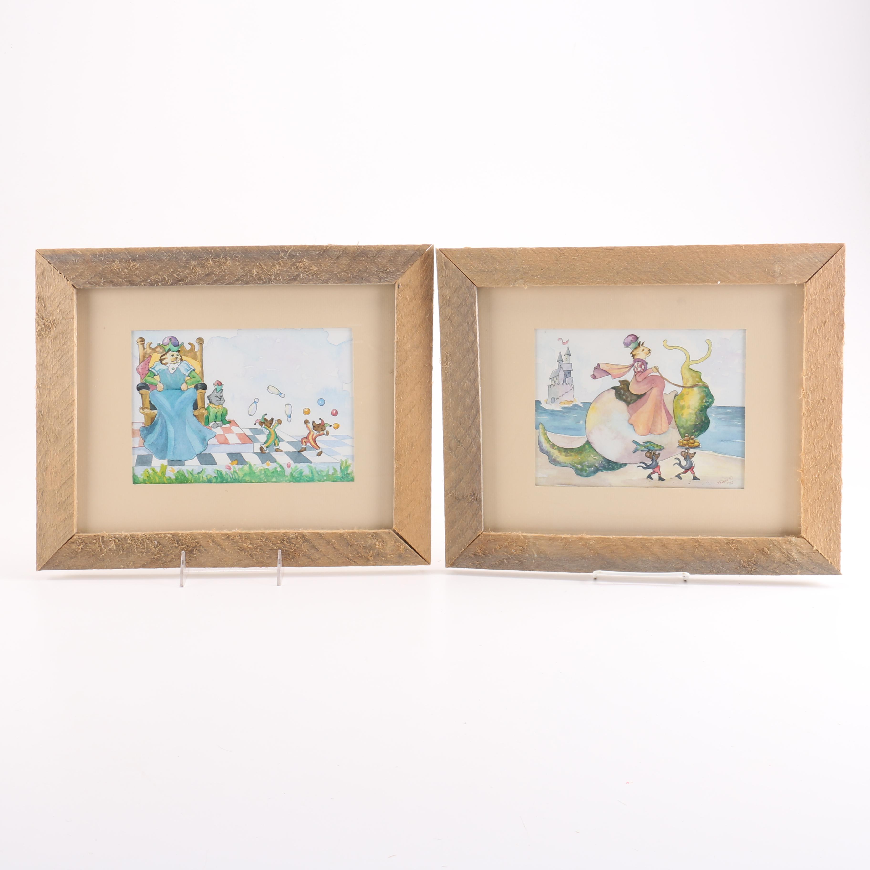 1992 T. Burns Whimsical Watercolors of a Cat Queen