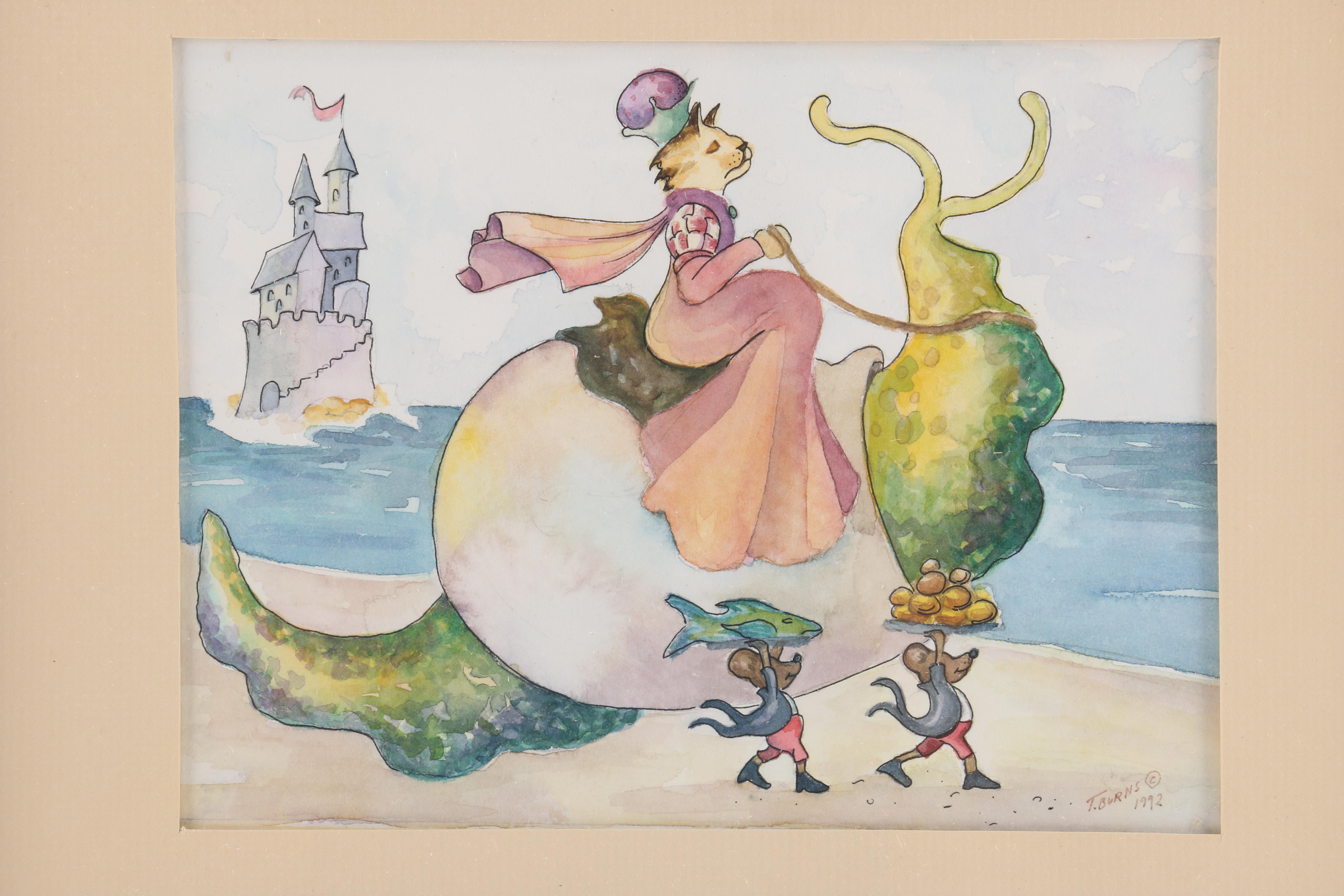 1992 T. Burns Whimsical Watercolors of a Cat Queen