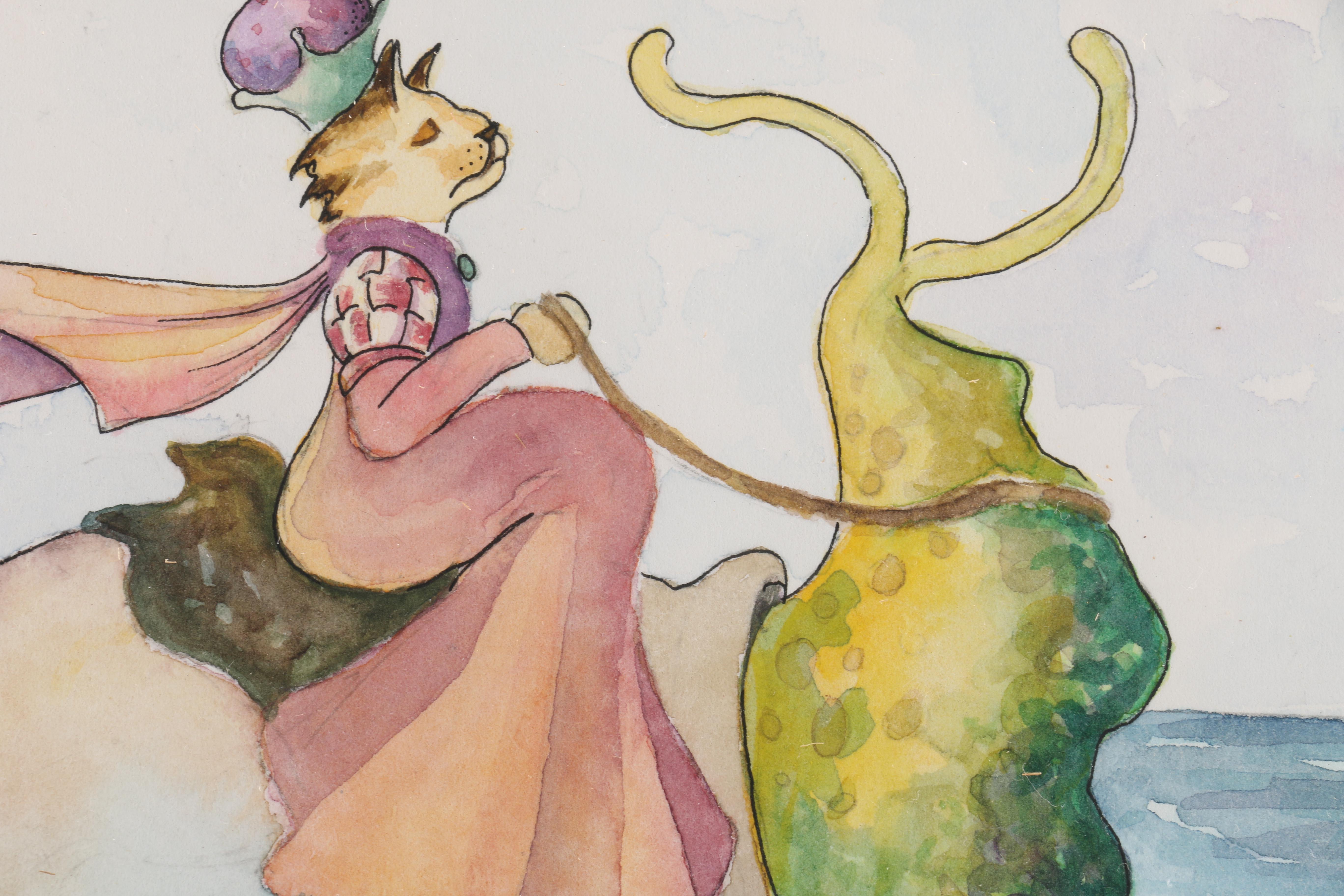 1992 T. Burns Whimsical Watercolors of a Cat Queen