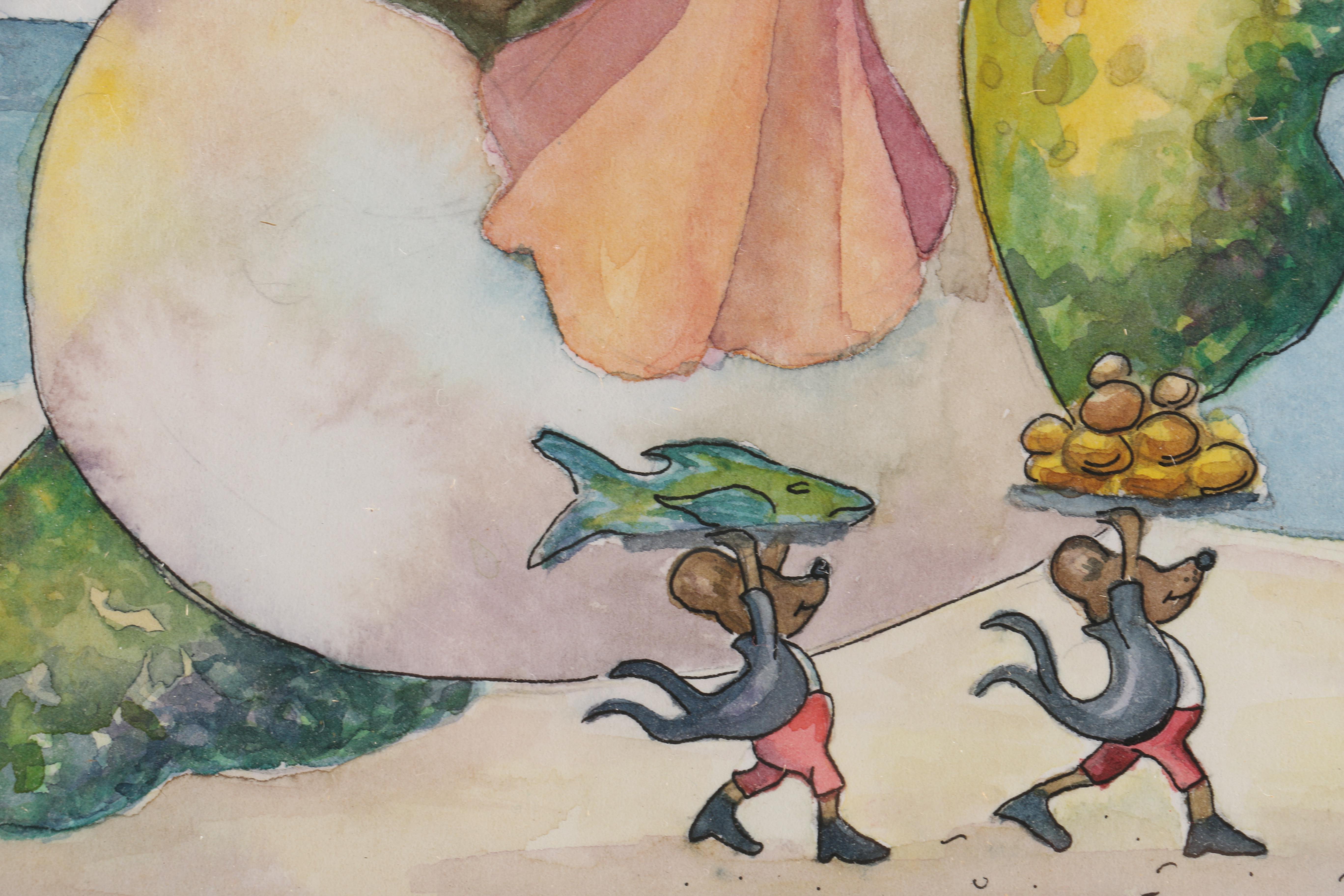 1992 T. Burns Whimsical Watercolors of a Cat Queen