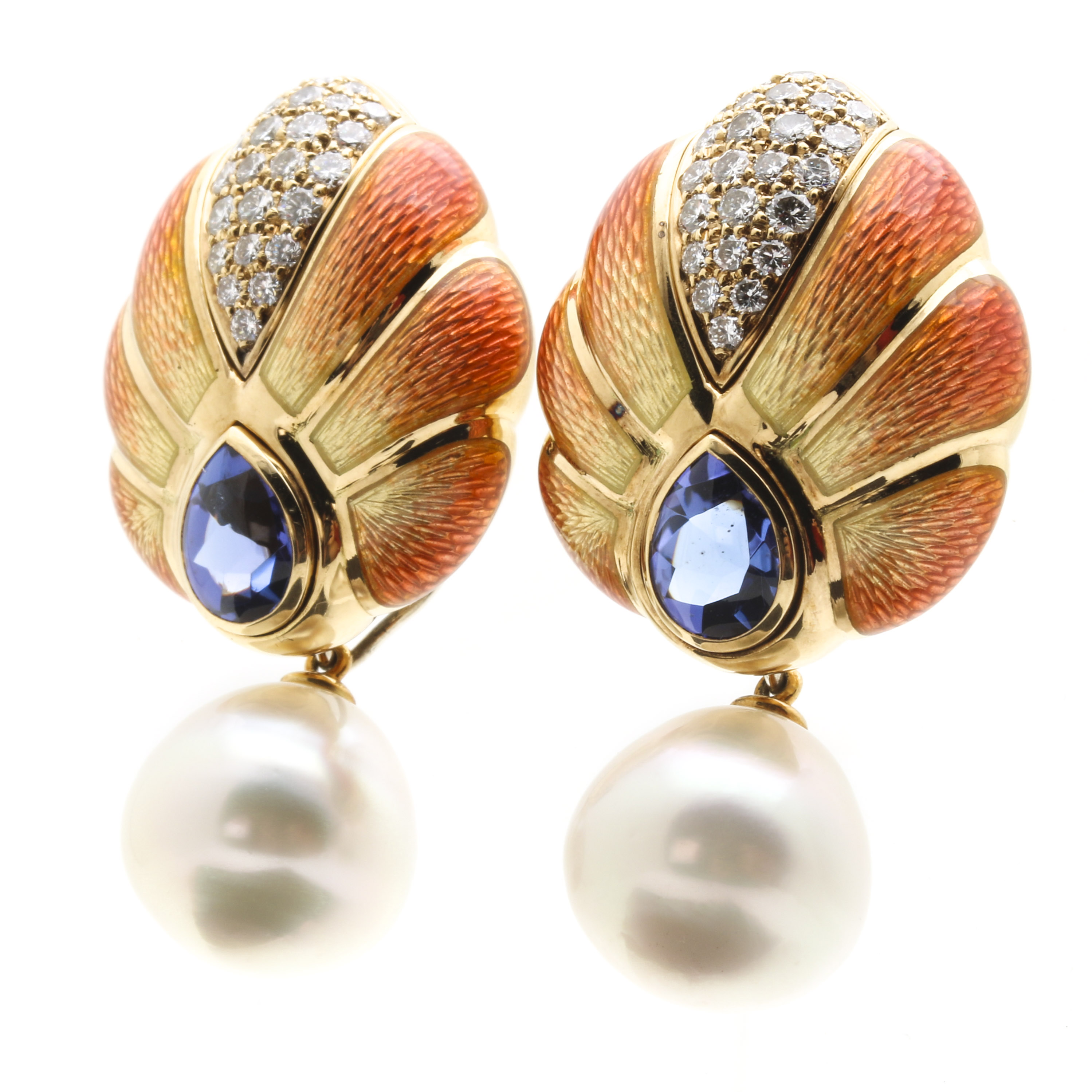 Leo De Vroomen 18K Yellow Gold Convertible Enameled Cultured South Sea Pearl, 1.00 CTW Diamond, and 3.64 CTW Tanzanite Earrings