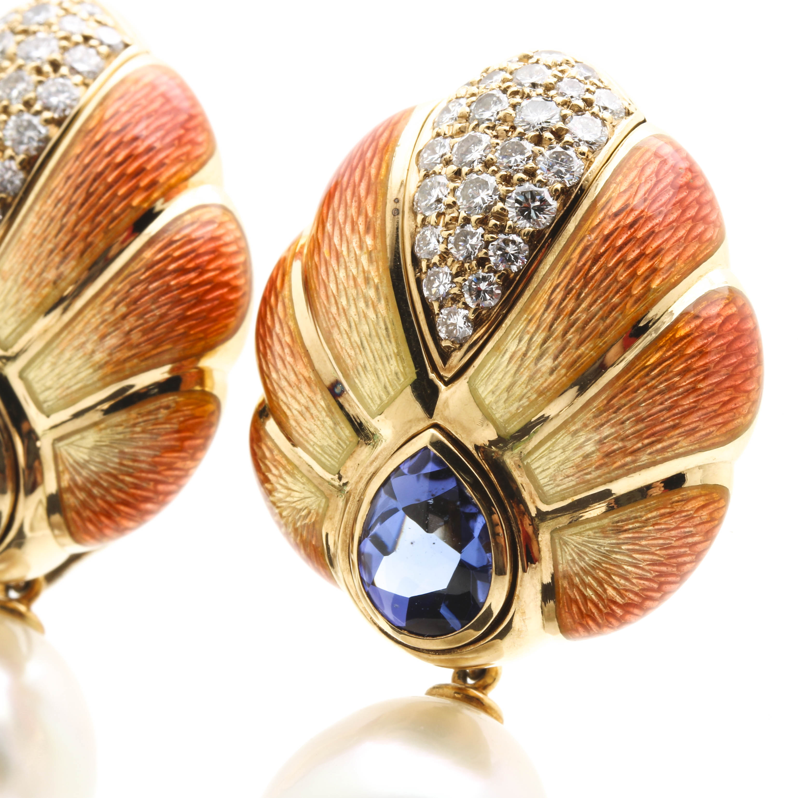 Leo De Vroomen 18K Yellow Gold Convertible Enameled Cultured South Sea Pearl, 1.00 CTW Diamond, and 3.64 CTW Tanzanite Earrings