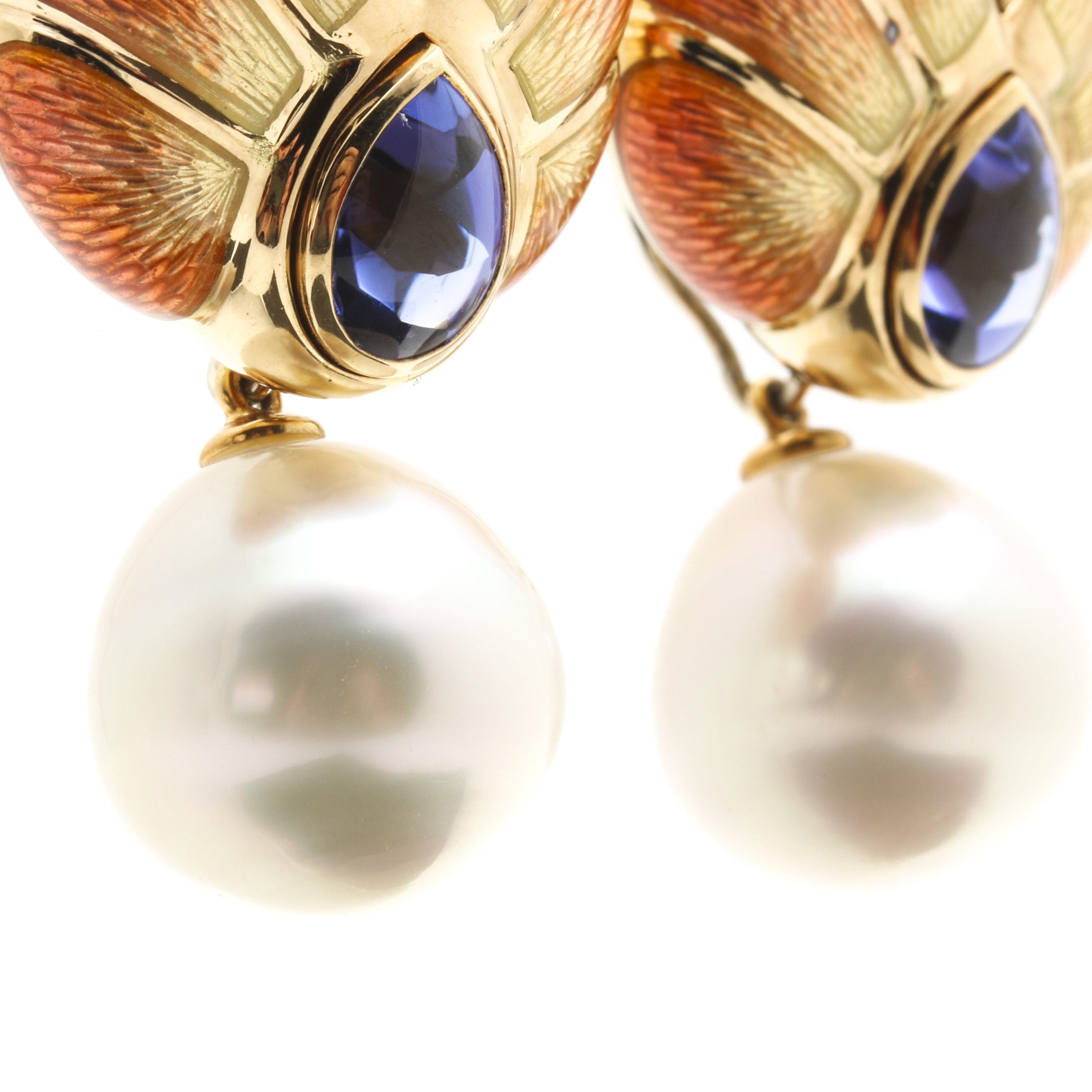 Leo De Vroomen 18K Yellow Gold Convertible Enameled Cultured South Sea Pearl, 1.00 CTW Diamond, and 3.64 CTW Tanzanite Earrings