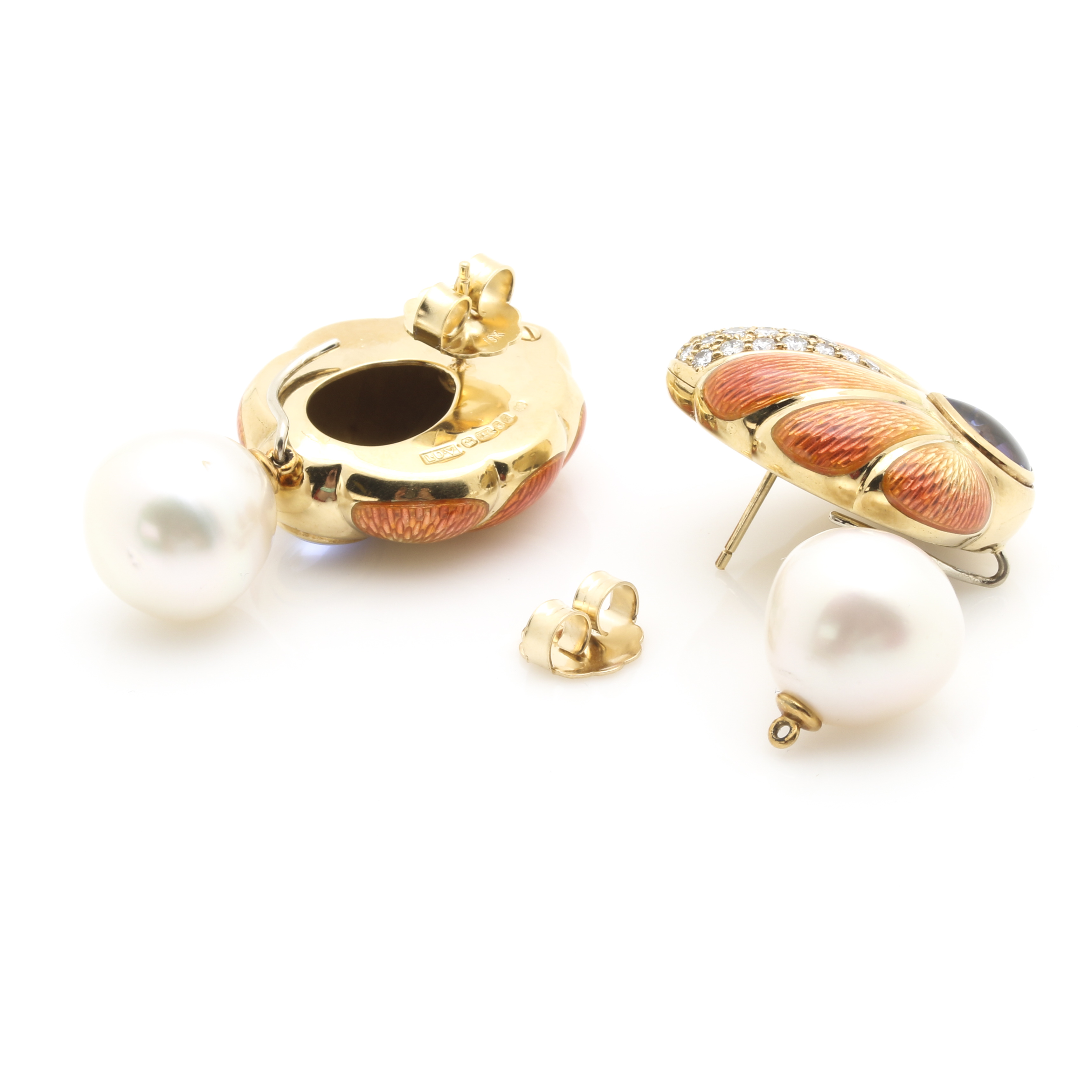 Leo De Vroomen 18K Yellow Gold Convertible Enameled Cultured South Sea Pearl, 1.00 CTW Diamond, and 3.64 CTW Tanzanite Earrings