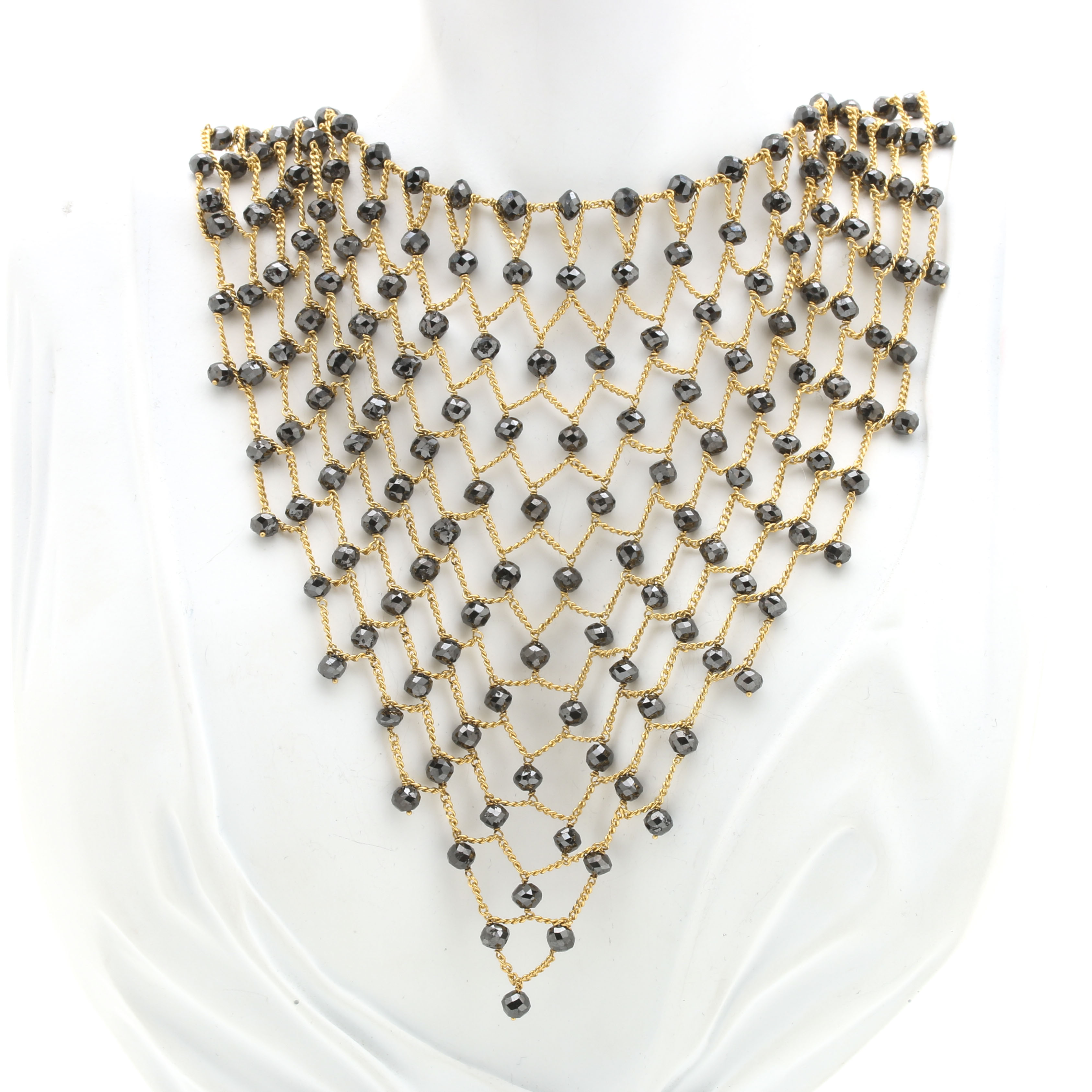 18K Yellow Gold 173.00 CTW Black Diamond Mesh Bib Necklace