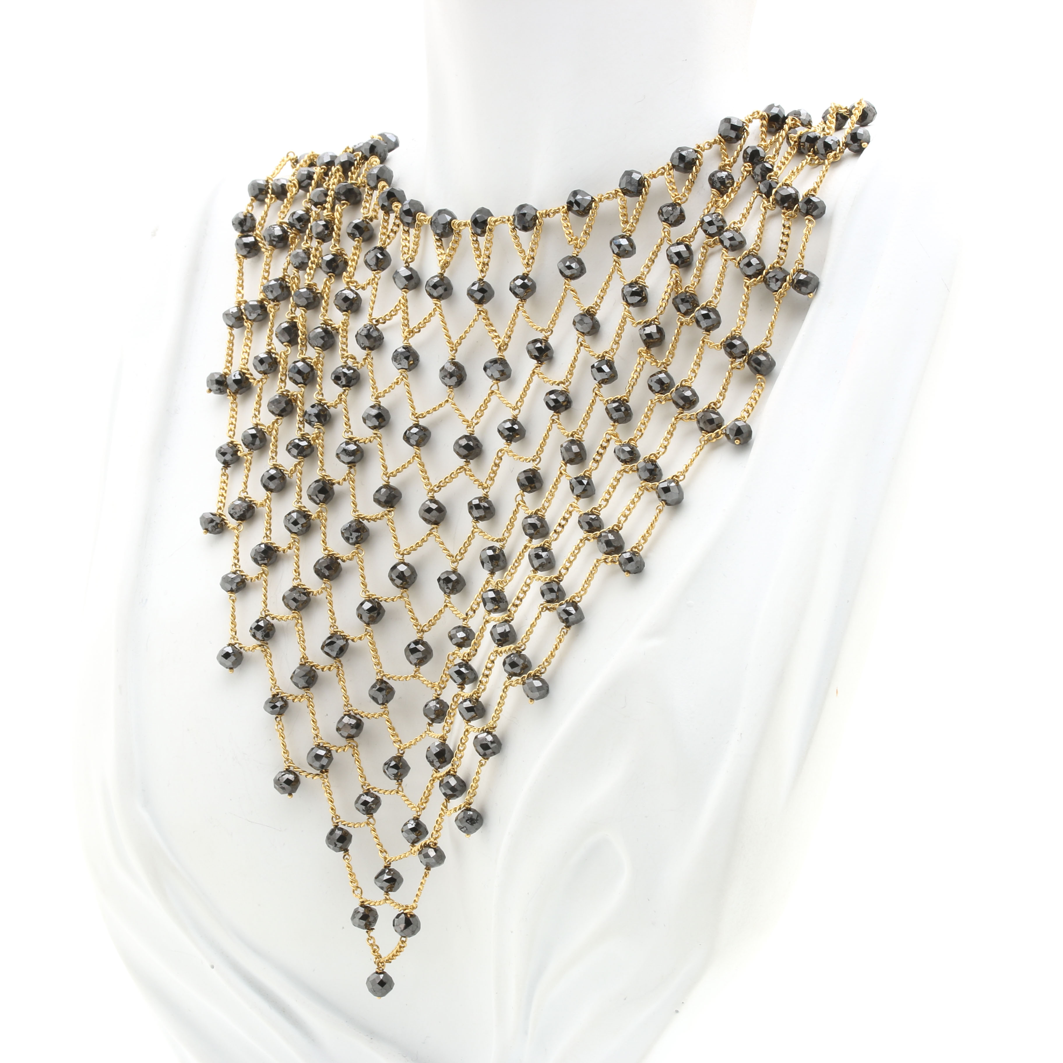 18K Yellow Gold 173.00 CTW Black Diamond Mesh Bib Necklace