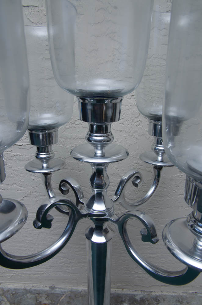 Silver Tone Candelabra with Glass Hurricanes