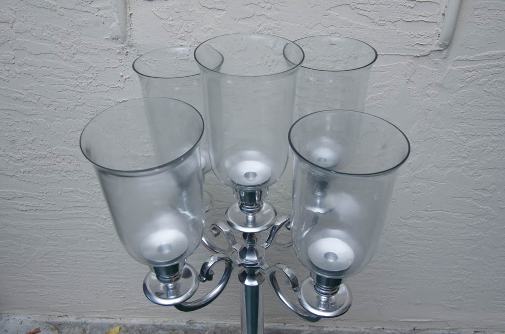 Silver Tone Candelabra with Glass Hurricanes