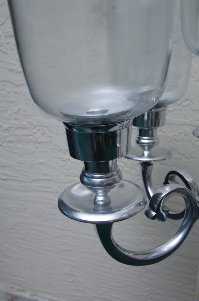 Silver Tone Candelabra with Glass Hurricanes