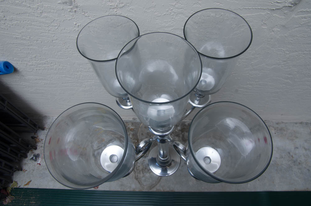 Silver Tone Candelabra with Glass Hurricanes