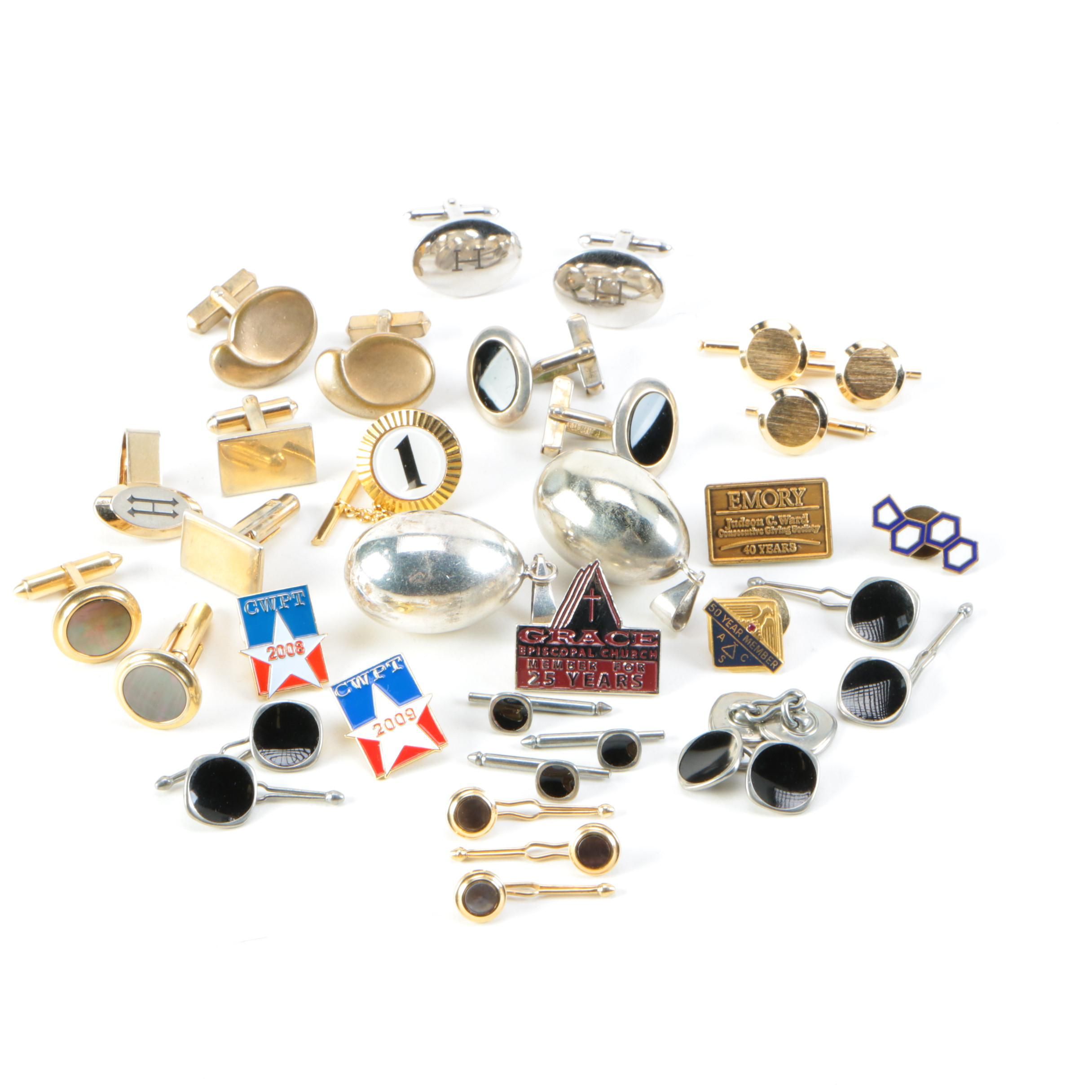 Assorted Cufflinks, Pins, and Tie Clips Including Pieces With Sterling Silver
