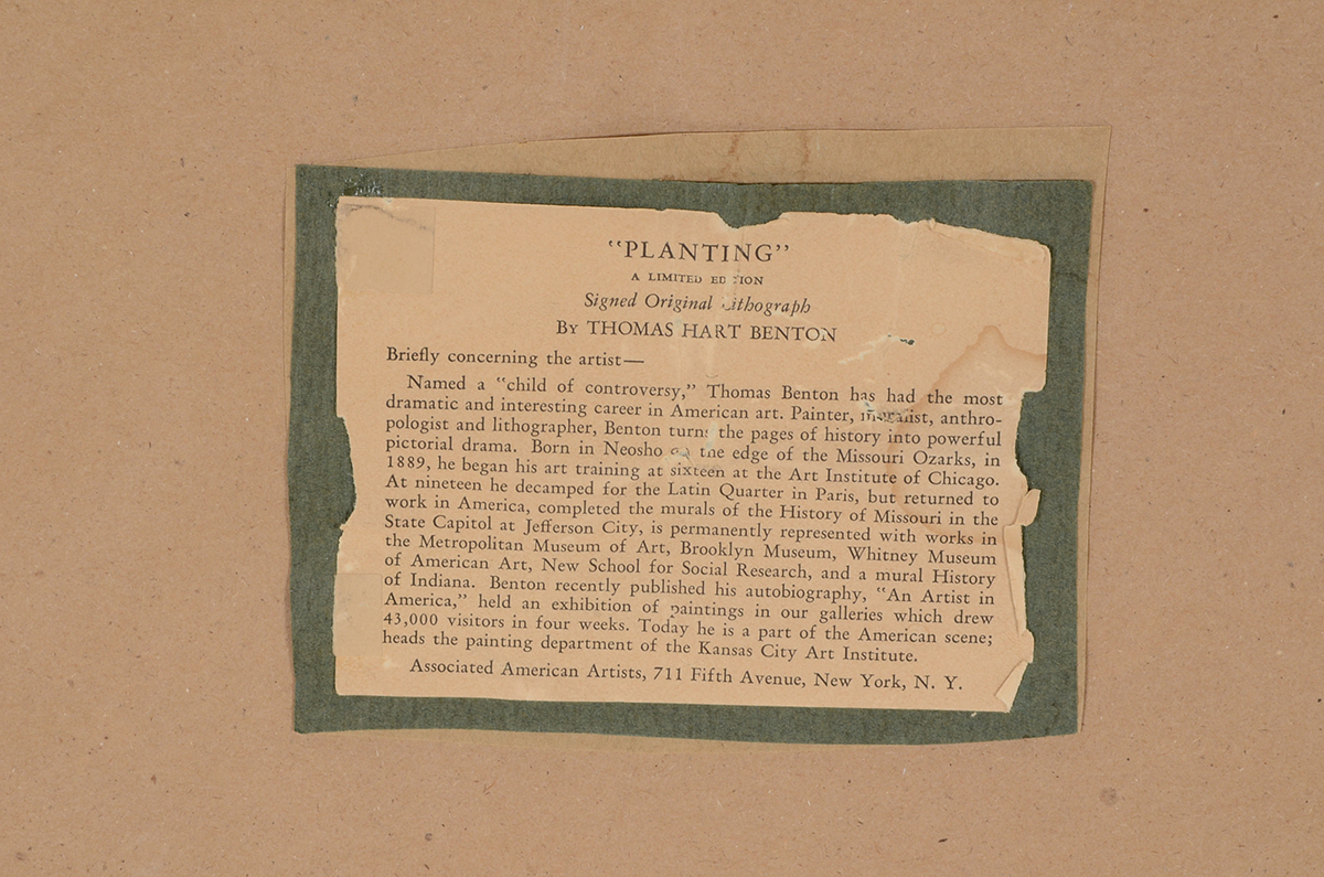 Thomas Hart Benton Signed 1939 Stone Lithograph "Planting (Spring Plowing)"