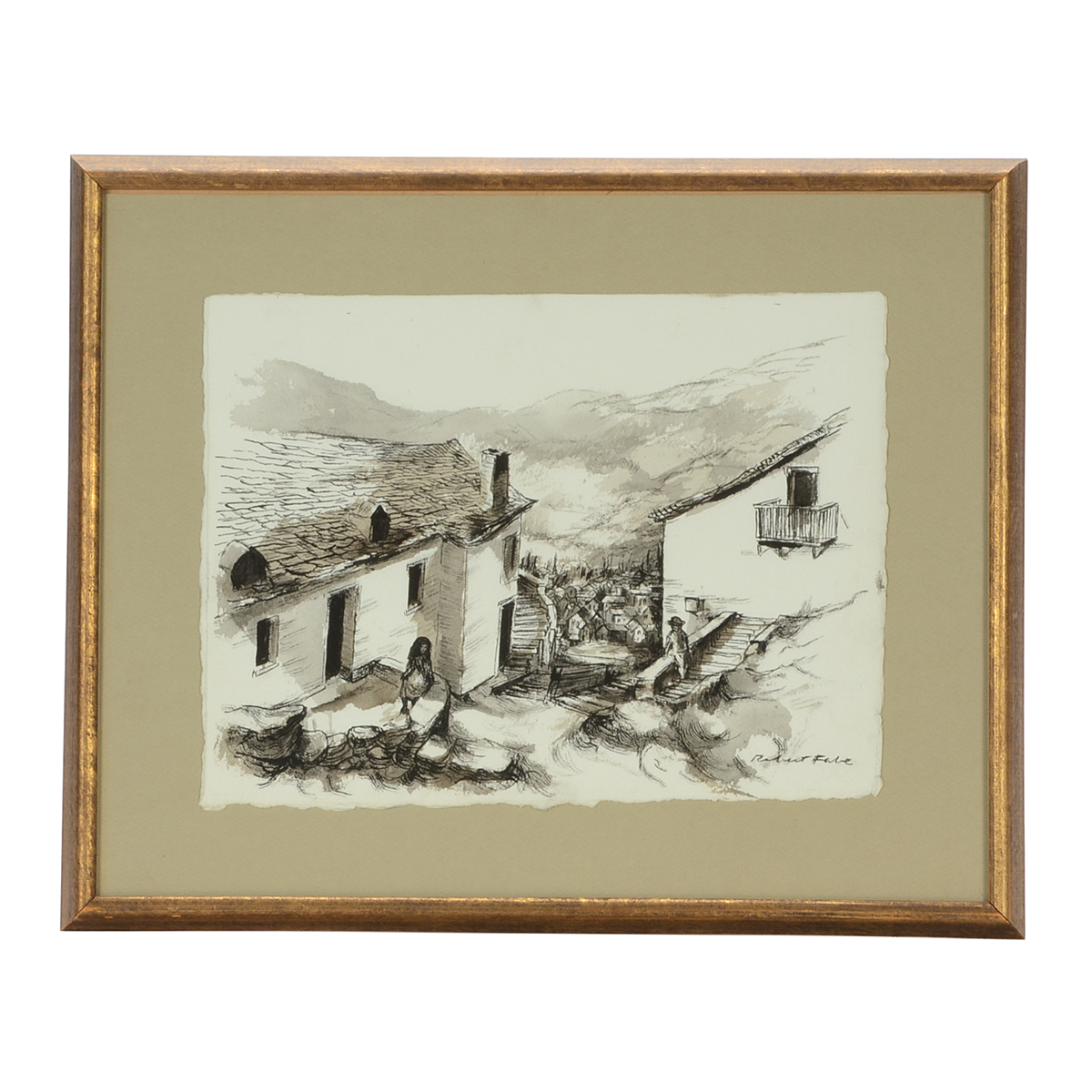Robert Fabe Original Ink Wash Drawing "Balkan Village"