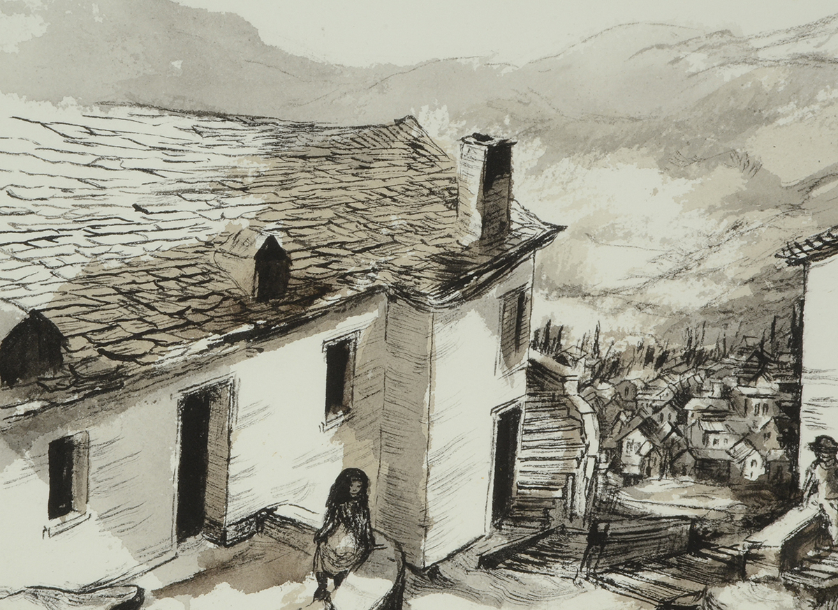 Robert Fabe Original Ink Wash Drawing "Balkan Village"