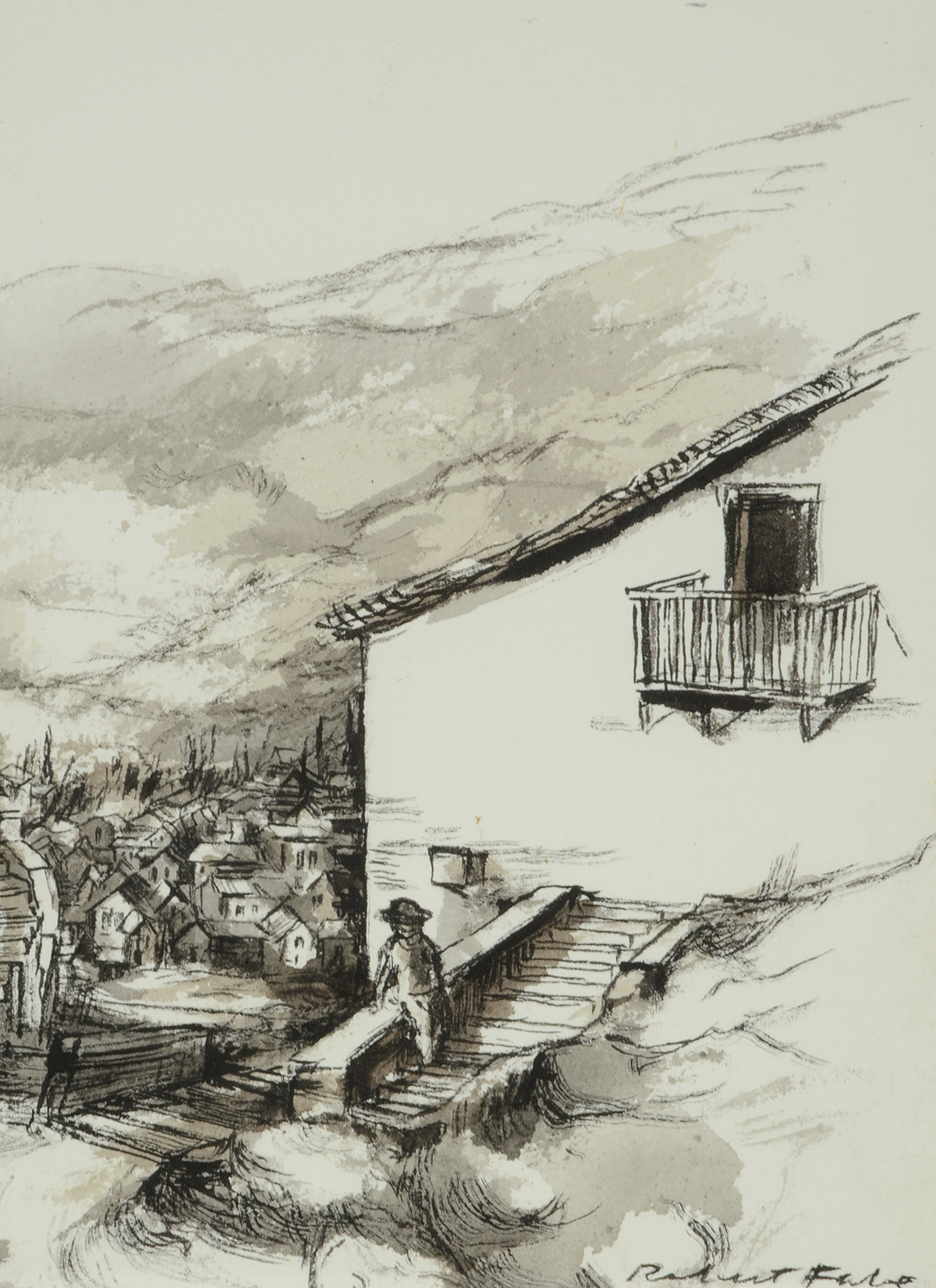 Robert Fabe Original Ink Wash Drawing "Balkan Village"
