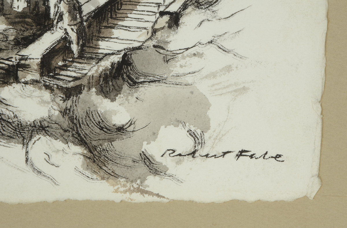 Robert Fabe Original Ink Wash Drawing "Balkan Village"