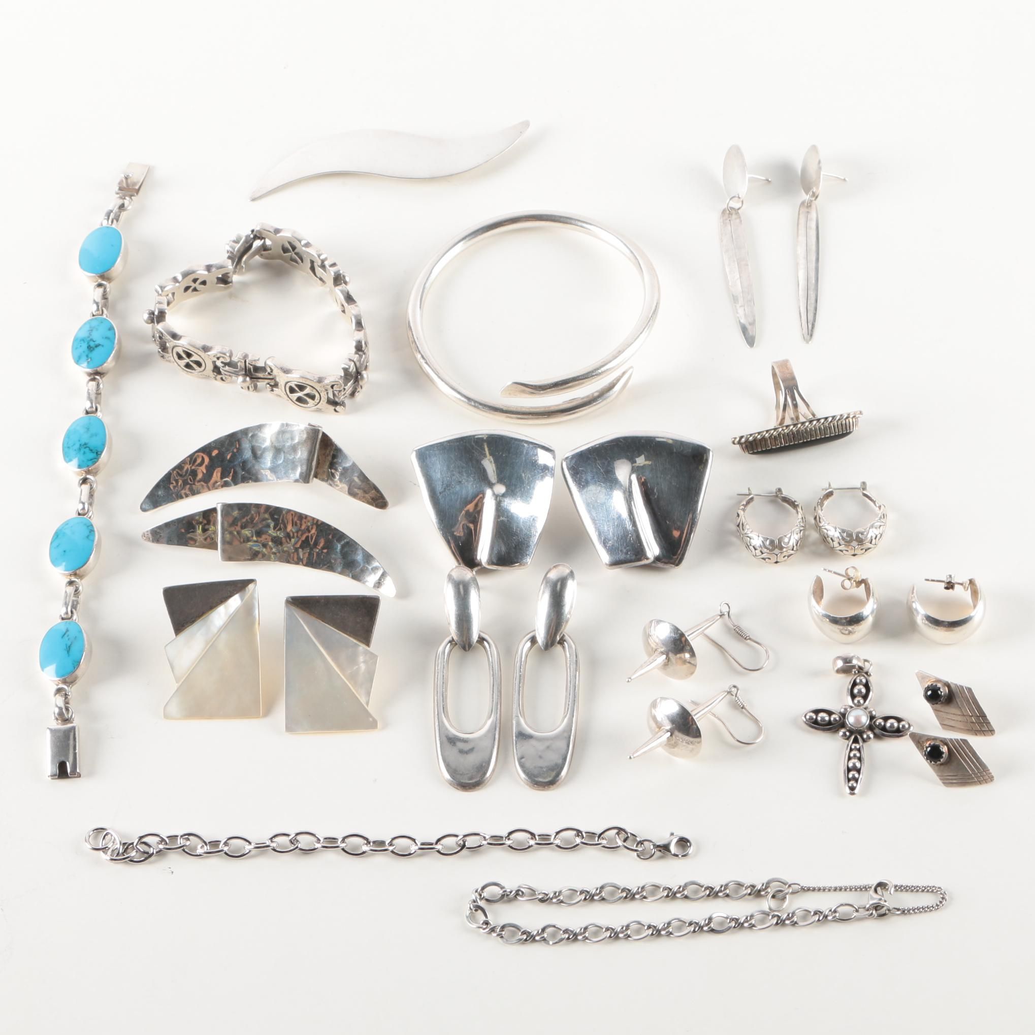 Sterling Silver Bracelets and Earrings Featuring Onyx and Shell