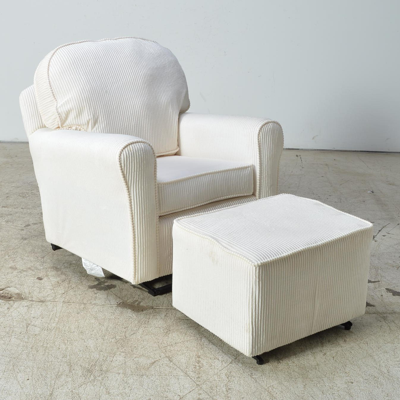 Off-White Ribbed Chenille Overstuffed Rocking Armchair with Ottoman