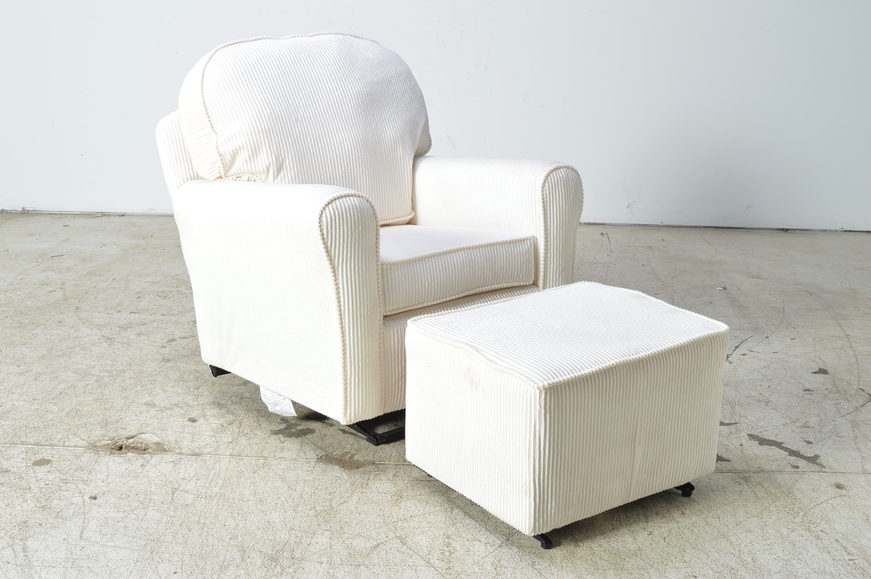 Off-White Ribbed Chenille Overstuffed Rocking Armchair with Ottoman