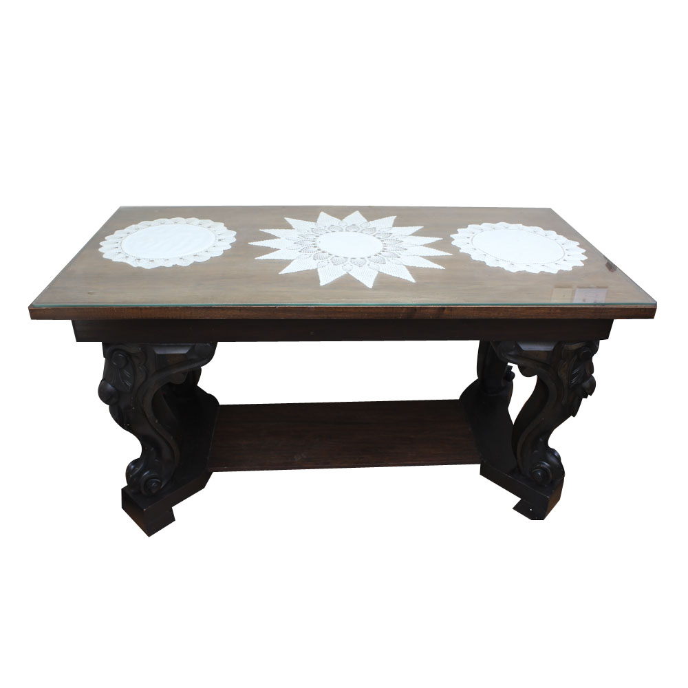 Heavy Carved Wooden Dining Table with Glass Top
