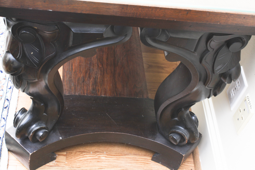 Heavy Carved Wooden Dining Table with Glass Top