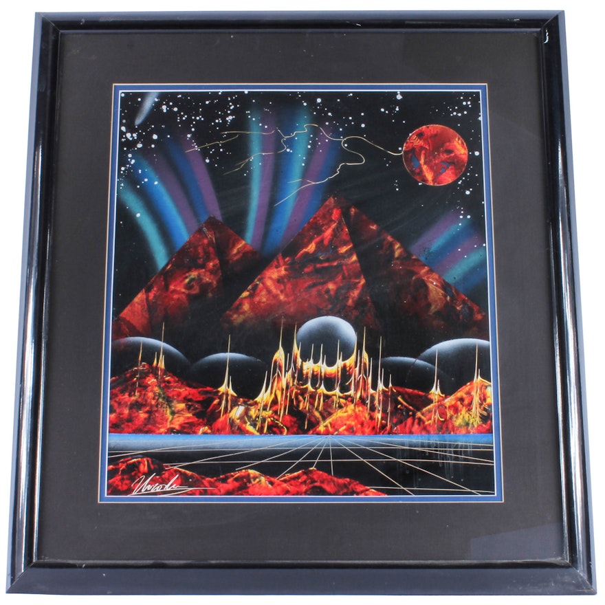 Framed Hiroshi Rodrguez Airbrushed Painting on Paper