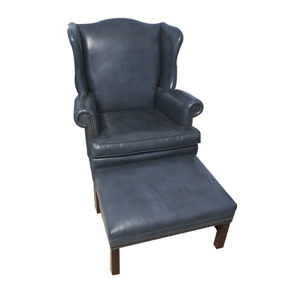 Old Hickory Tannery Blue Leather Armchair and Ottoman