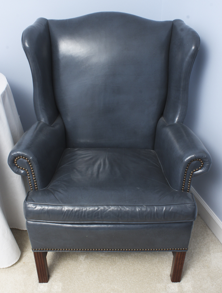 Old Hickory Tannery Blue Leather Armchair and Ottoman