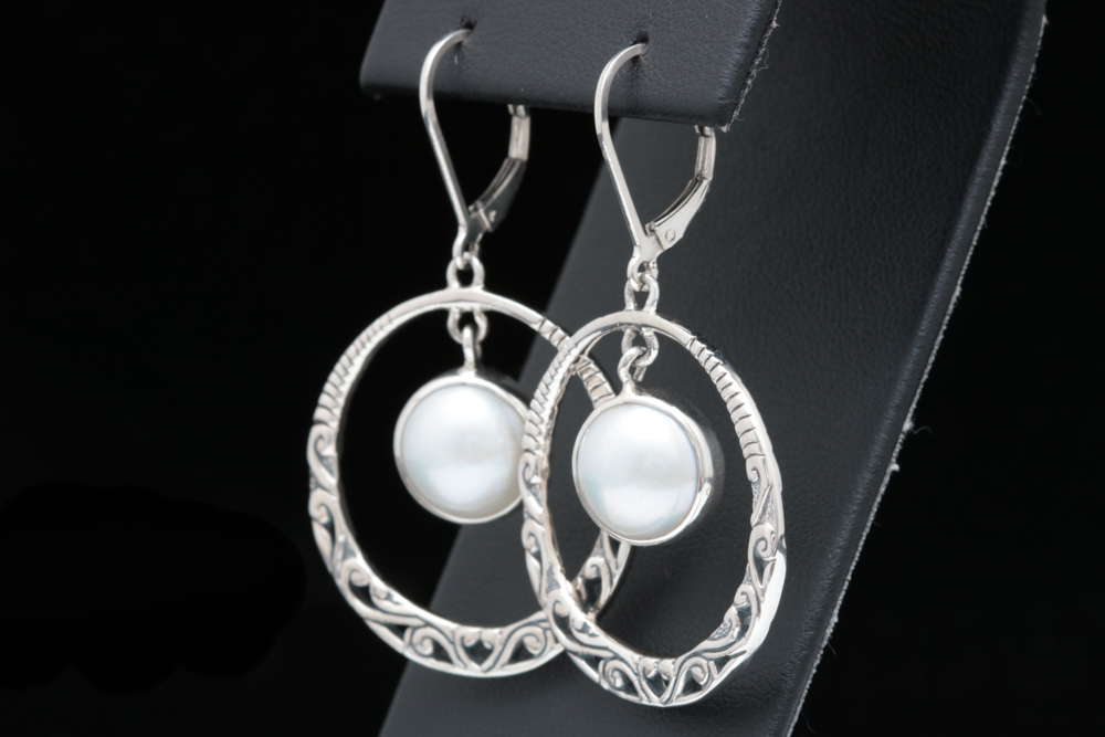 Sterling Silver and Mabé Pearl Hoop Dangle Earrings