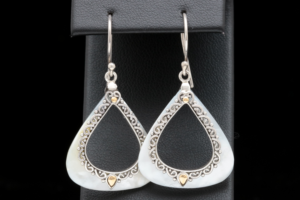 Sterling Silver, 18K Gold and Mother of Pearl Dangle Earrings