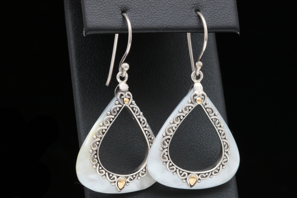 Sterling Silver, 18K Gold and Mother of Pearl Dangle Earrings