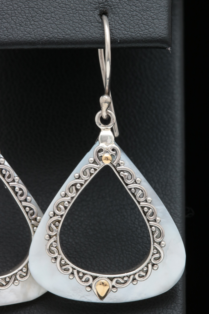 Sterling Silver, 18K Gold and Mother of Pearl Dangle Earrings