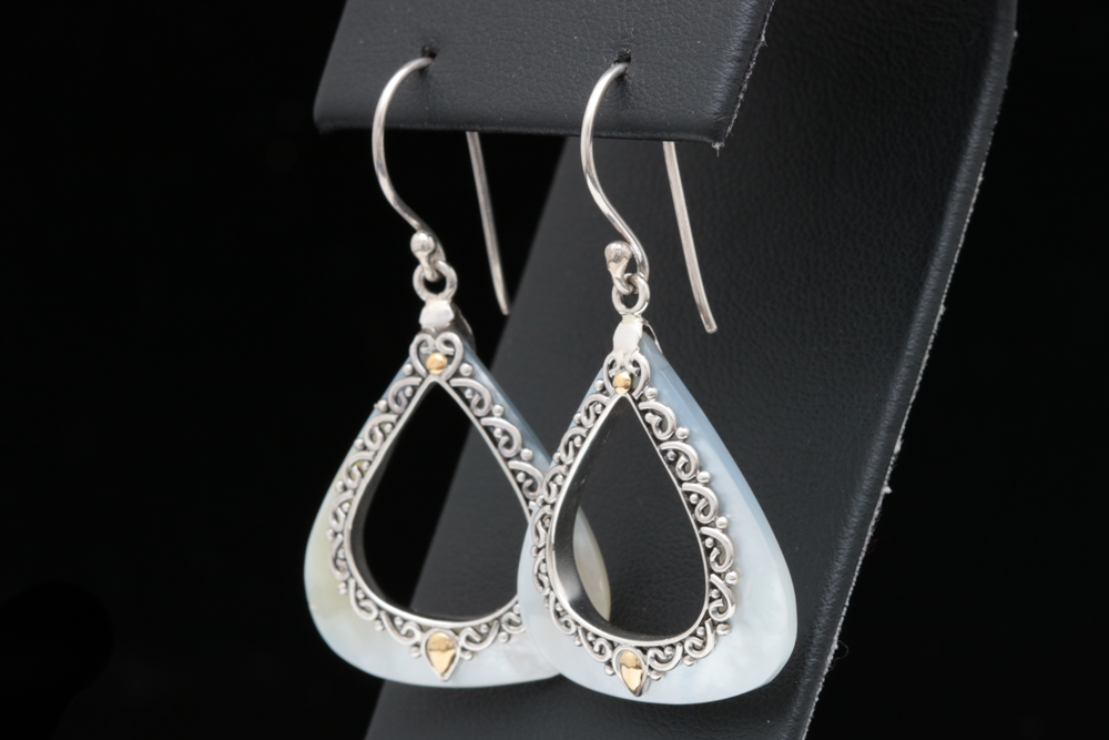 Sterling Silver, 18K Gold and Mother of Pearl Dangle Earrings