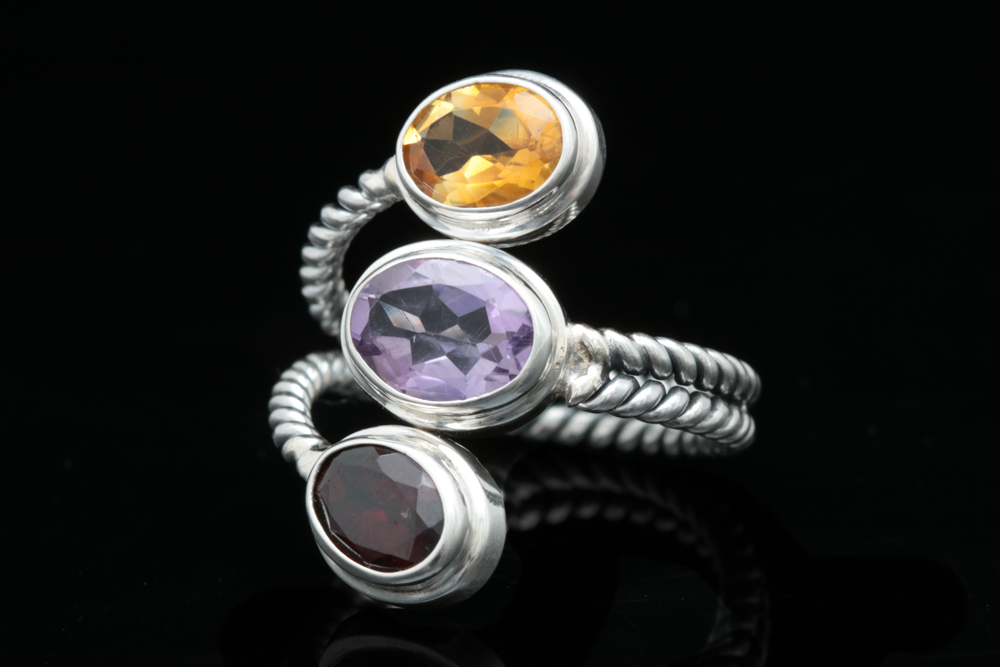 Sterling Silver, Citrine, Amethyst and Garnet Ring