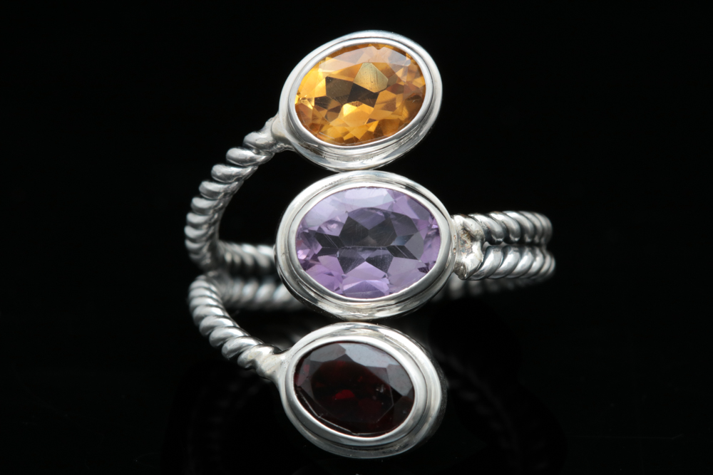 Sterling Silver, Citrine, Amethyst and Garnet Ring