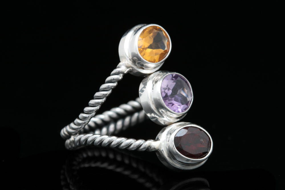 Sterling Silver, Citrine, Amethyst and Garnet Ring