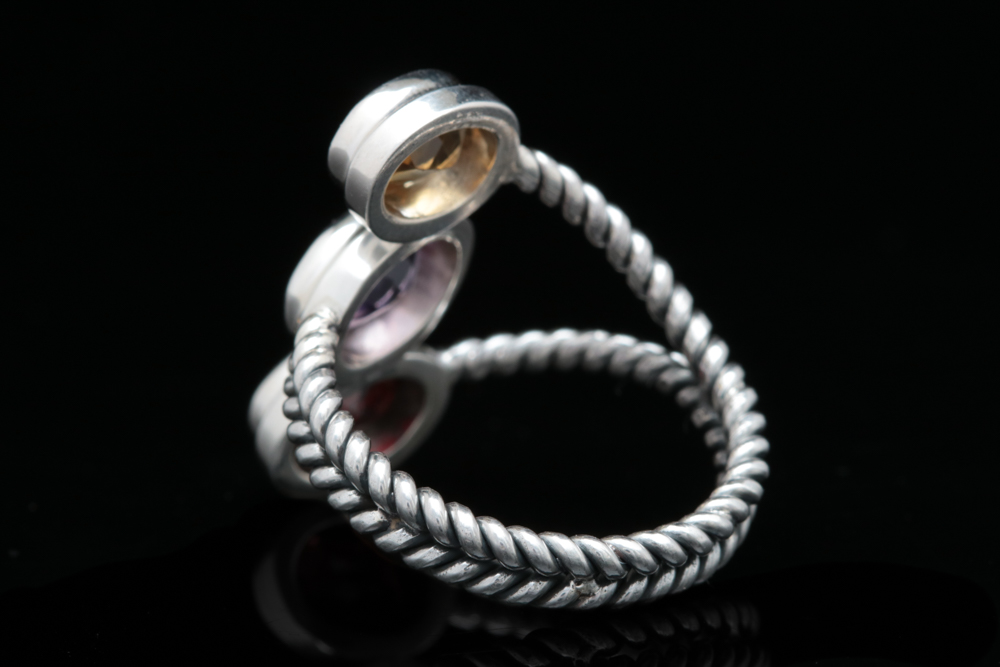 Sterling Silver, Citrine, Amethyst and Garnet Ring