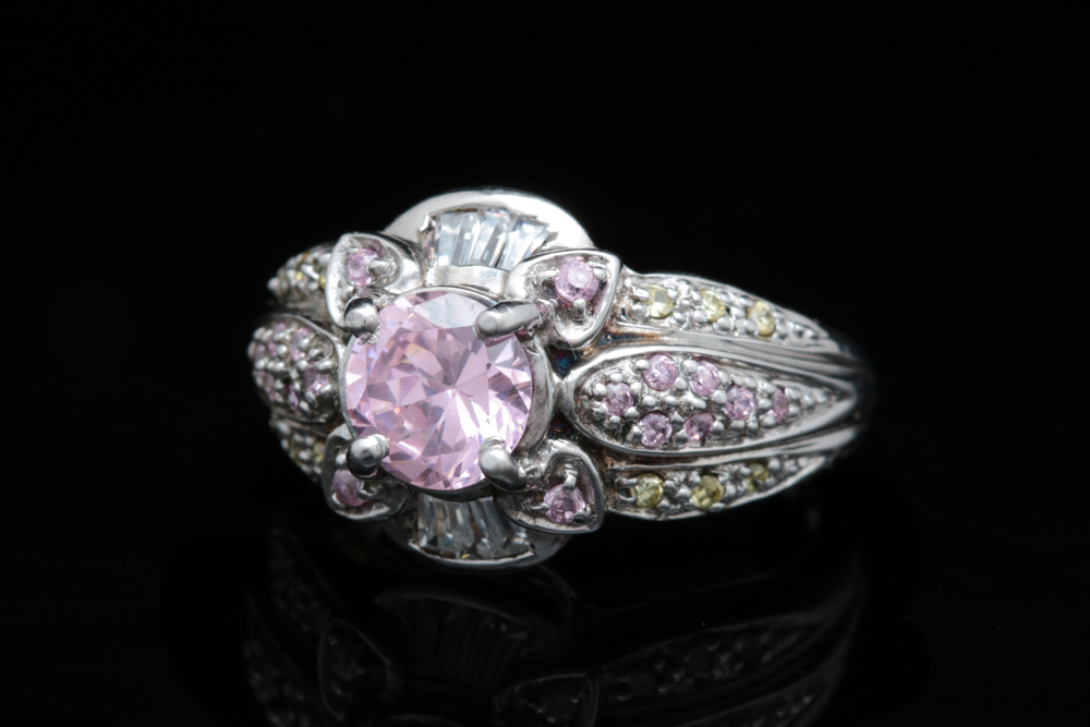 Sterling Silver, Pink, Yellow and White Zircon Ring