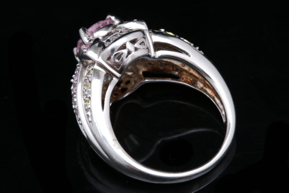 Sterling Silver, Pink, Yellow and White Zircon Ring