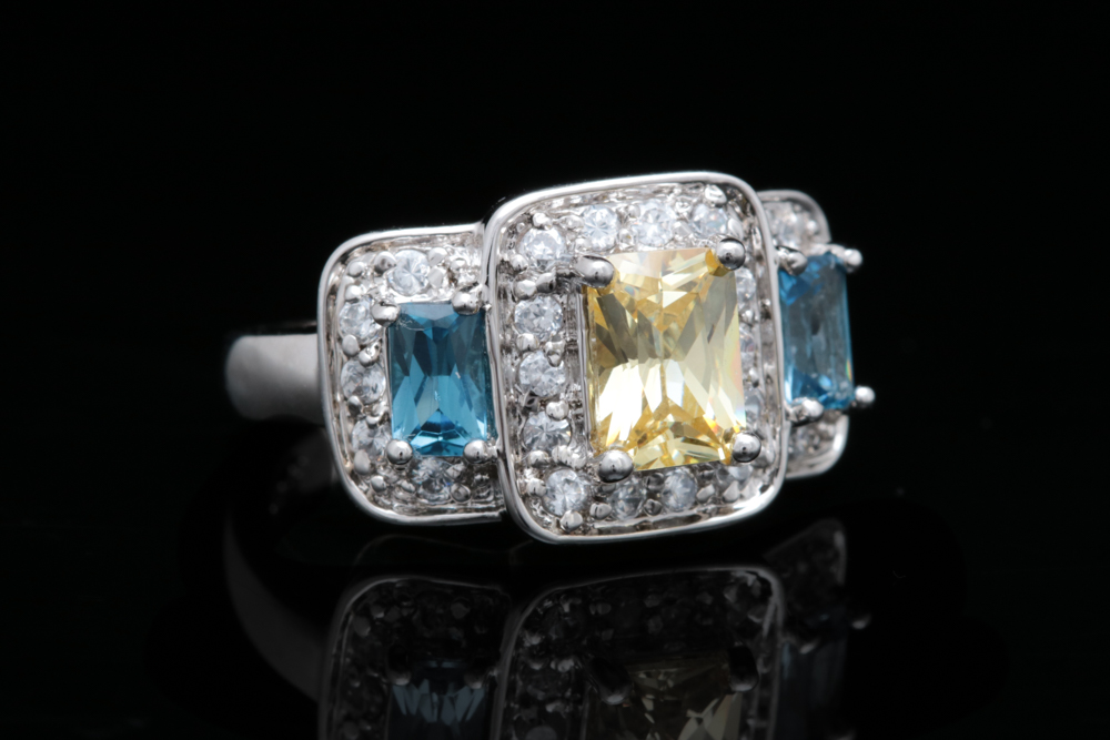 Sterling Silver, White, Yellow and Blue Zircon Ring