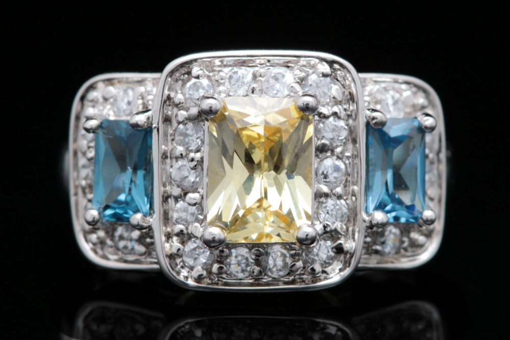 Sterling Silver, White, Yellow and Blue Zircon Ring