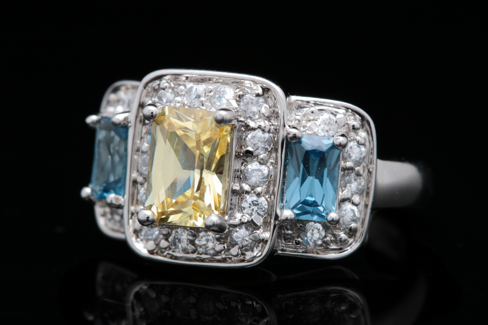 Sterling Silver, White, Yellow and Blue Zircon Ring
