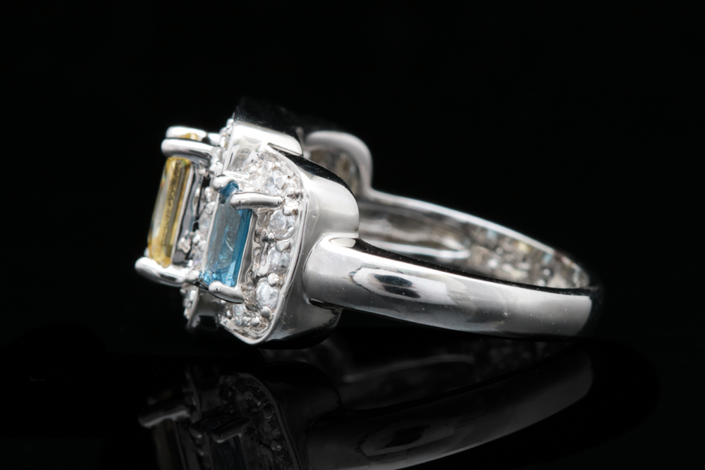 Sterling Silver, White, Yellow and Blue Zircon Ring