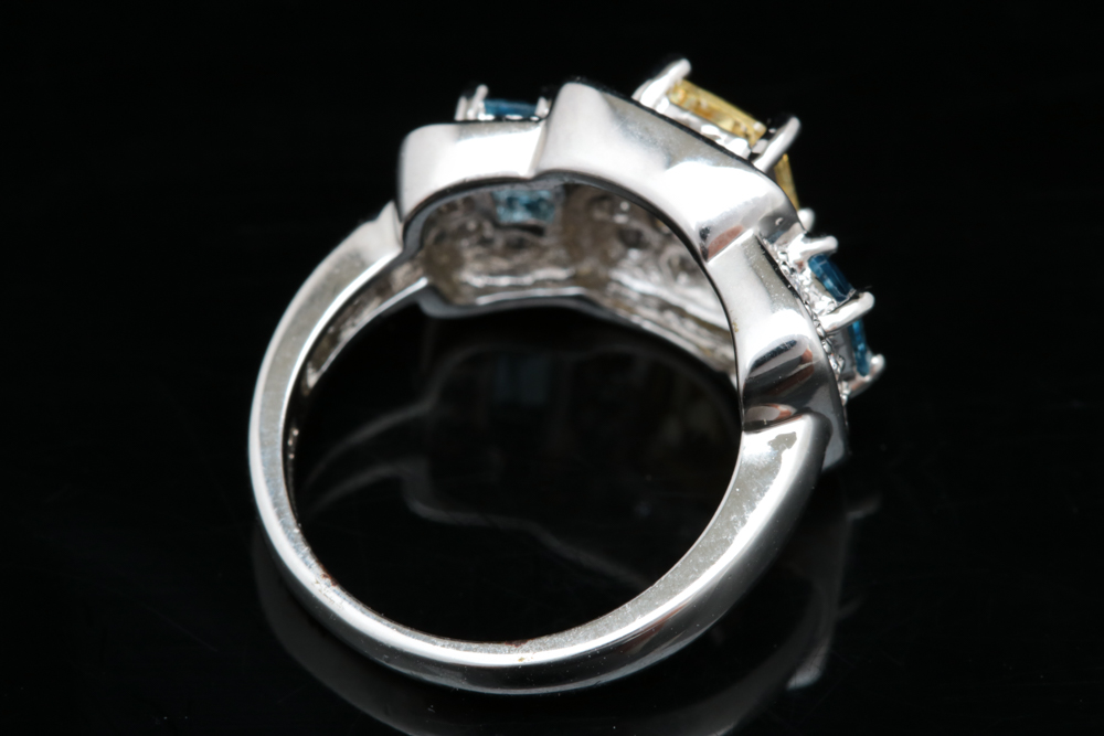 Sterling Silver, White, Yellow and Blue Zircon Ring