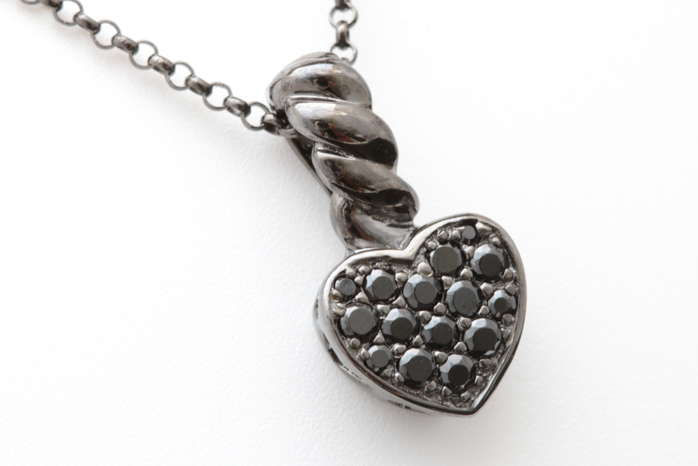 Sterling Silver and Black Swarovski Crystal Heart Pendant with Chain